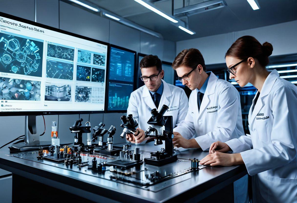 A futuristic laboratory showcasing advanced lubrication technology tools, with scientists in lab coats analyzing surfaces under high-tech microscopes. Brightly illuminated surfaces reflecting various lubricants' textures, gears, and mechanical parts in motion. A digital chart displaying advancements in lubrication technology in the background. Ultra-modern design elements and sleek machinery, emphasizing innovation in surface engineering. super-realistic. vibrant colors. 3D.