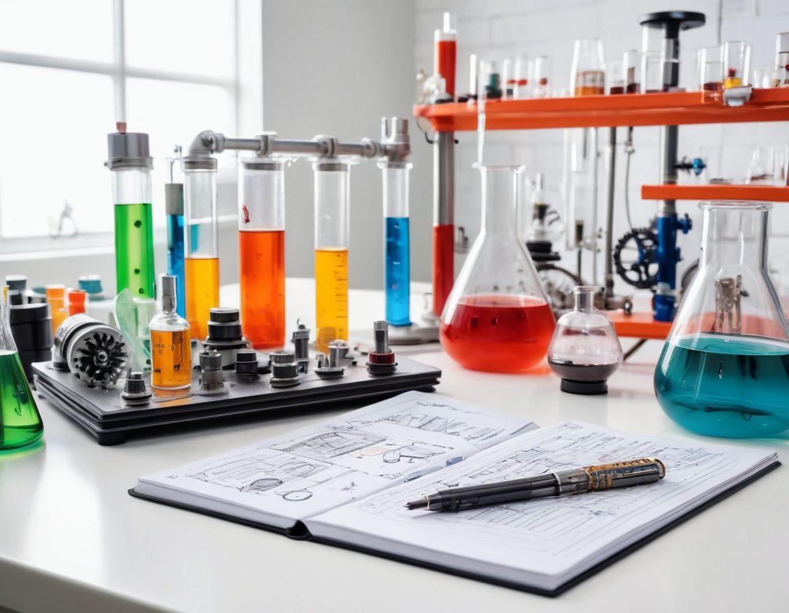 A close-up view of a scientific lab, showcasing intricate tribology experiments with lubricants and different materials. There's an open notebook filled with sketches and notes on lubrication mechanics, and an illustrated diagram of friction reduction properties. The background features vibrant laboratory equipment and colorful liquids in beakers, with subtle hints of gears and mechanical parts symbolizing engineering. super-realistic. vibrant colors. white background.