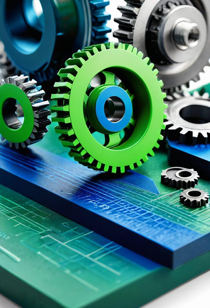 An intricate illustration of micro and macro friction surfaces showcasing the scientific concepts of tribology, featuring gears and rubber materials in motion, with close-up textures of friction phenomena. Include dynamic performance testing elements like measurement tools and graphs to emphasize insights gained from studies. A blend of blue and green tones to represent science and innovation. super-realistic. vibrant colors. white background.